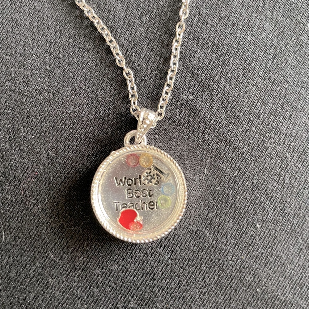 Best Teacher silvery metallic adjustable necklace with movable charms. OS